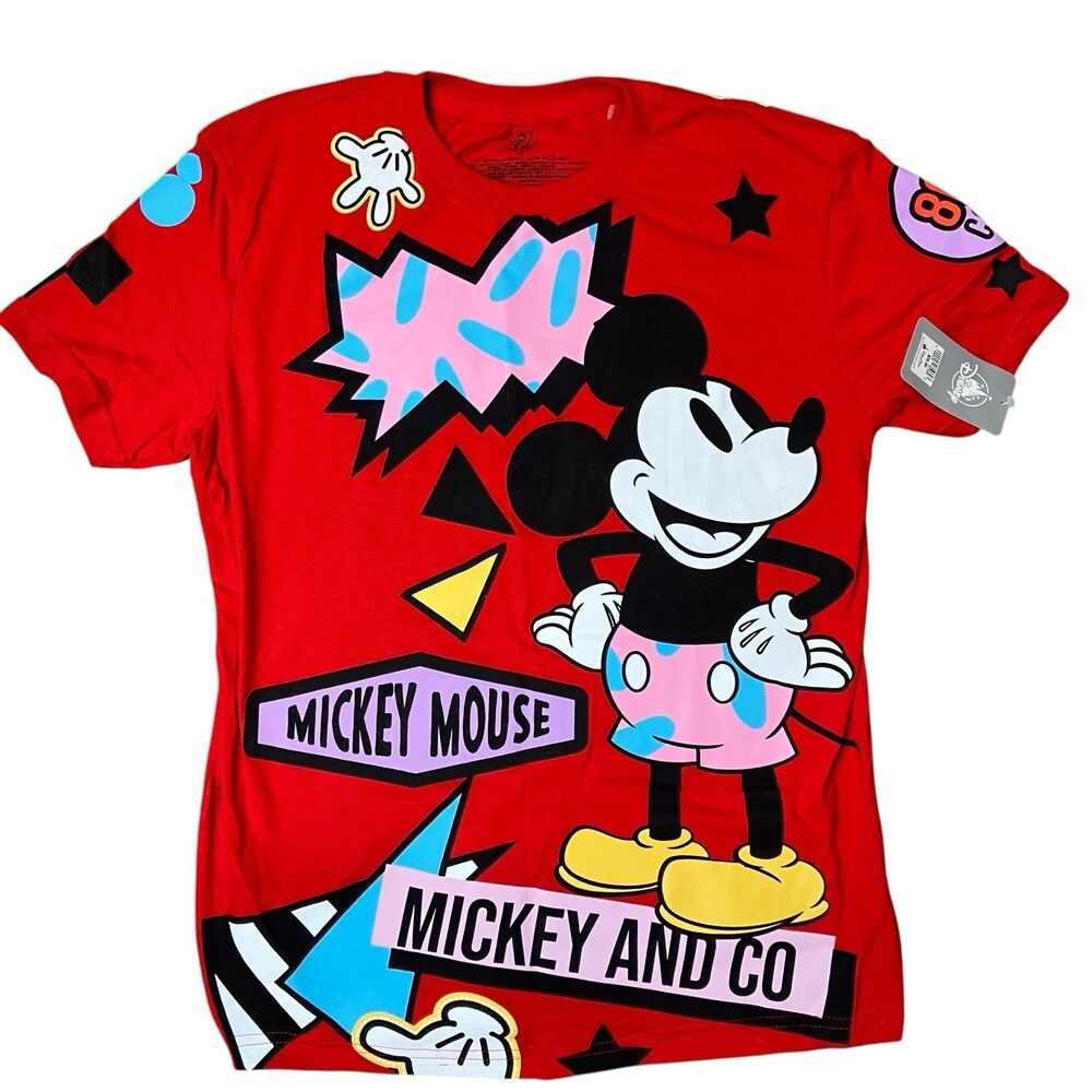 Disney Mickey Mouse Retro T-Shirt Womens S Red Colorful All Over Print New